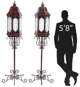 (2) TOLE & WROUGHT IRON HEXAGONAL STANDING FLOOR LANTERNS, 80"H