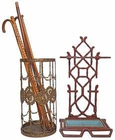 (2) CAST IRON & GILT METAL UMBRELLA / STICK STANDS WITH CANES