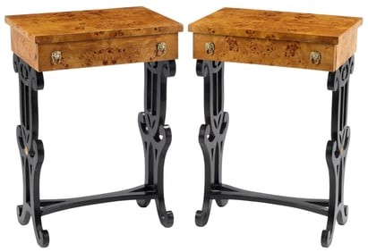 (2) BIEDERMEIER STYLE PARCEL-EBONIZED BURLWOOD SIDE TABLES