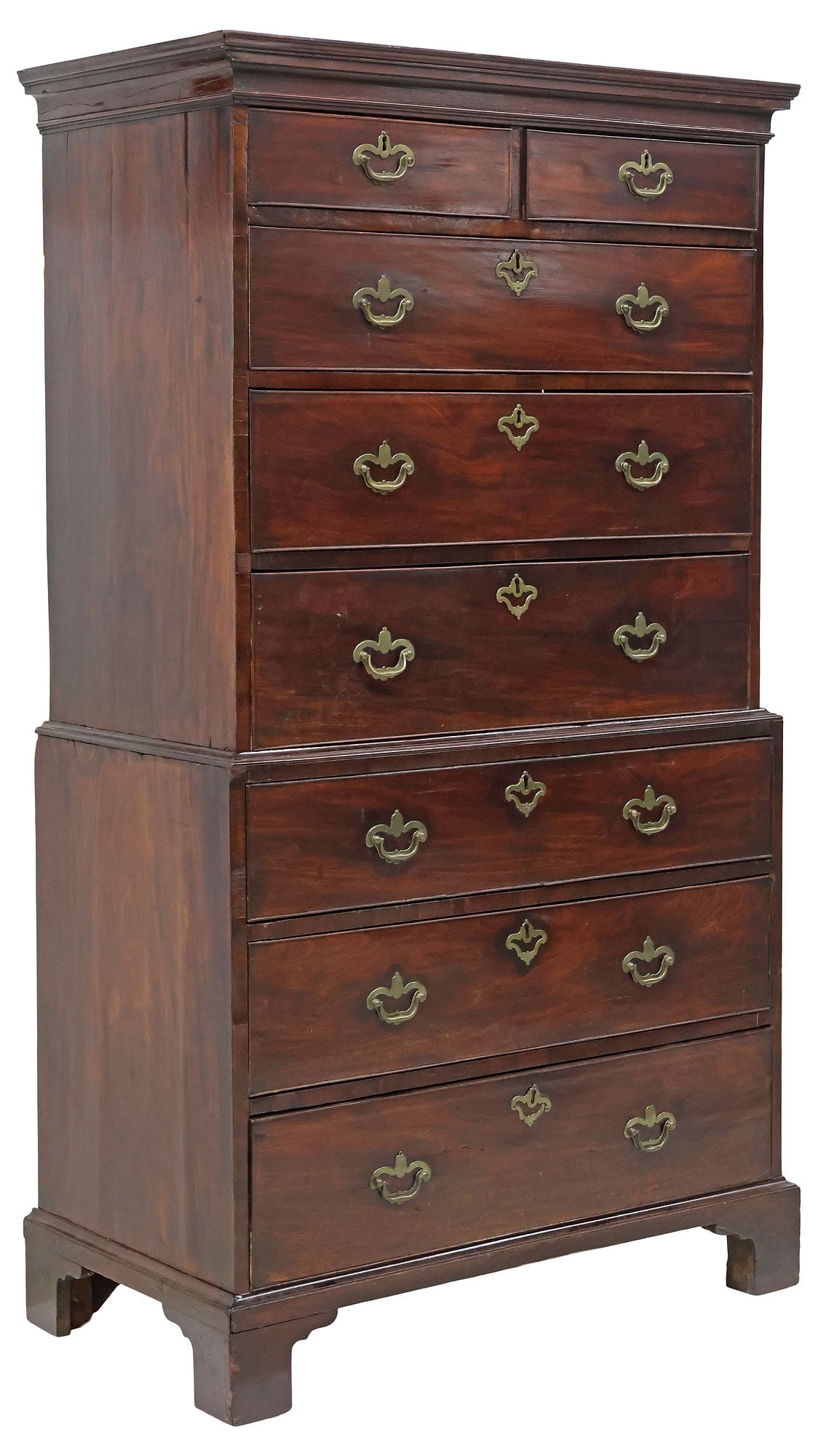 ENGLISH GEORGE III MAHOGANY TALLBOY CHEST-ON-CHEST: English George III mahogany tallboy/ chest-on-chest, late 18th c., stepped molded cornice, upper section fitted with two short drawers above three graduated long drawers, lower section with three grad
