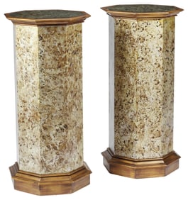 (2) OCTAGONAL GLASS-TOP FAUX MARBLE PAINTED WOOD PEDESTALS