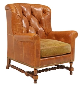 WHITTEMORE-SHERRILL BUTTON-TUFTED TAN LEATHER & HIDE ARMCHAIR