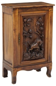 FRENCH HIGHLY CARVED WALNUT FIGURAL HUNT SCENE CABINET