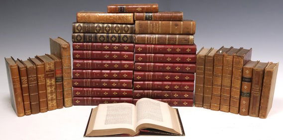 (37) ANTIQUE FRENCH LEATHER-BOUND LIBRARY SHELF BOOKS