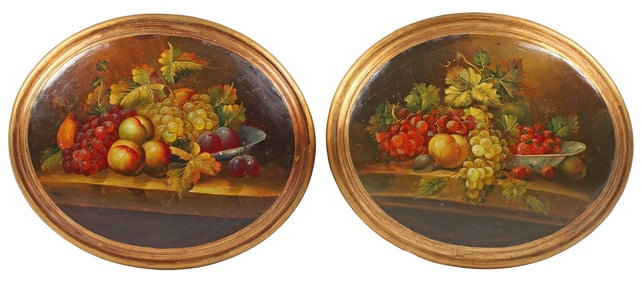 (2) STILL LIFE PAINTINGS ON CONVEX OVAL WALL PLAQUES