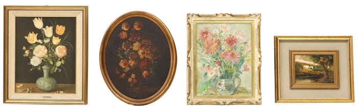 (4) FRAMED ARTWORK, FLORAL STILL LIFE PAINTINGS & PRINT AFTER BRUEGHEL