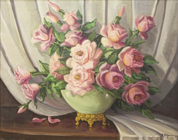R. MOSELEY (TEXAS, 20TH C.) PAINTING, STILL LIFE WITH PINK ROSES