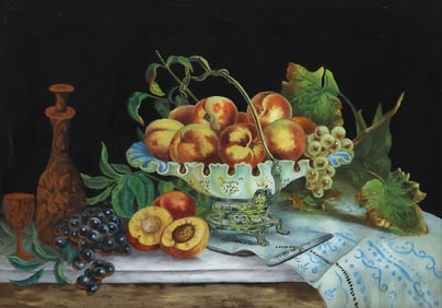 FRAMED REVERSE PAINTING ON GLASS STILL LIFE OF FRUIT
