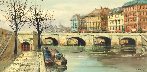 FRENCH SCHOOL PAINTING BOATS ON THE RIVER SEINE