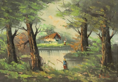 ITALIAN SCHOOL PAINTING WOODED LANDSCAPE WITH FISHERMAN