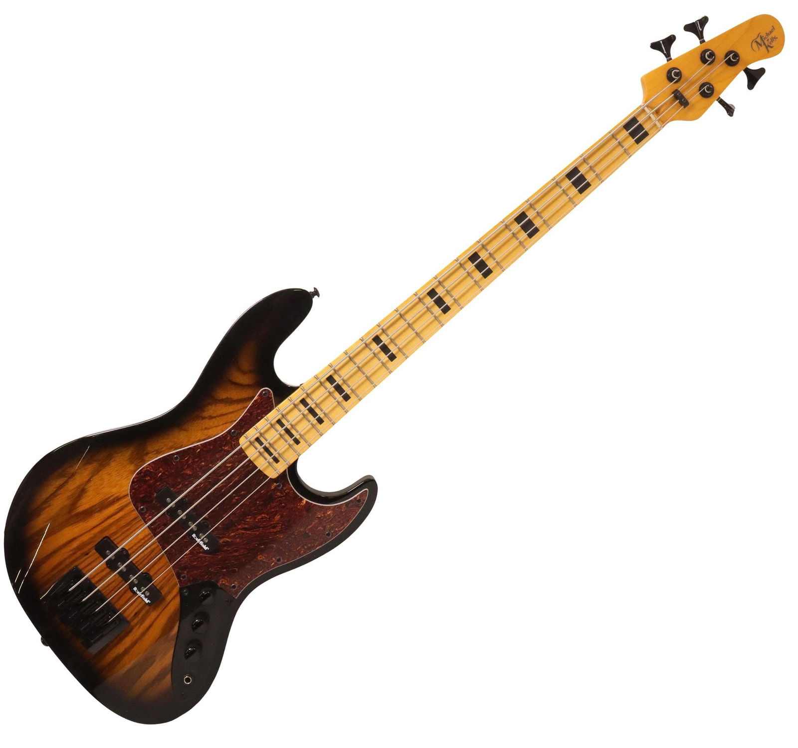 MICHAEL KELLY ELEMENT 4 VINTAGE SUNBURST ELECTRIC BASS GUITAR & CASE: Michael Kelly Element 4 solid body electric bass guitar, in a Vintage Sunburst finish, with marbleized pick guard, Rockfield pickups, serial number C21200081, accompanied by soft case, guitar: approx