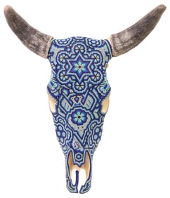 HUICHOL BLUE-BEADED TAXIDERMY BULL SKULL, MEXICO