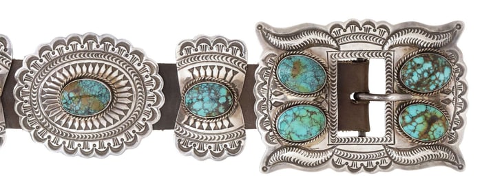 IMPRESSIVE CARSON BLACKGOAT NAVAJO STERLING TURQUOISE CONCHO BELT