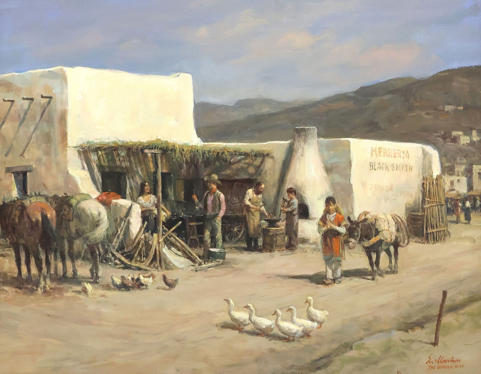 LAJOS MARKOS (1917-1993) PAINTING 'THE BORDER TOWN': Framed oil on board painting, "The Border Town," signed lower right L. Markos (Lajos Markos, Hungarian-American, active in Texas, 1917-1993), sight: approx 15.25"h, 19.5"w, overall