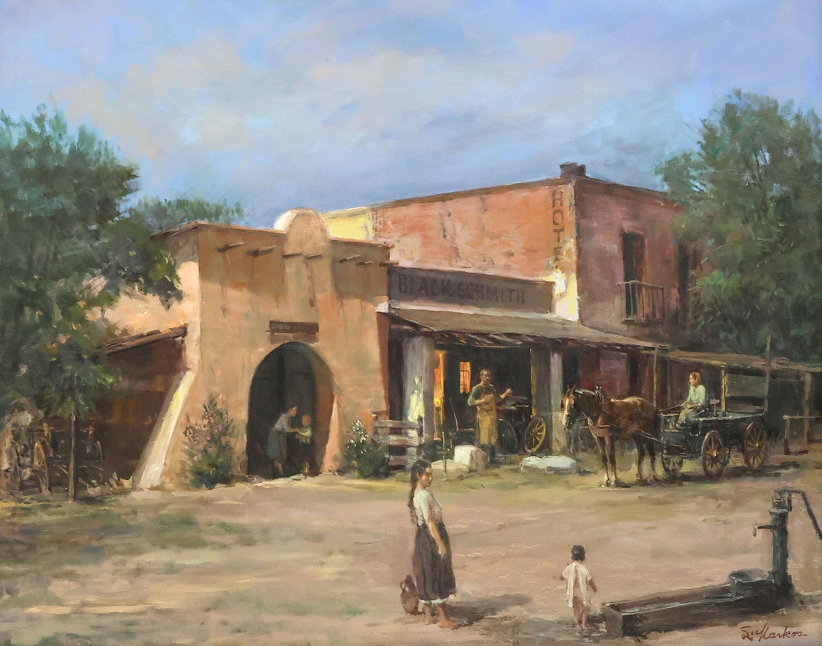 LAJOS MARKOS (1917-1993) PAINTING, 'THE OLD BLACKSMITH' 16" X 20": Framed oil on board painting, "The Old Blacksmith," signed lower right L. Markos (Lajos Markos, Hungarian-American, active in Texas, 1917-1993), frame with title plaque at lower center,