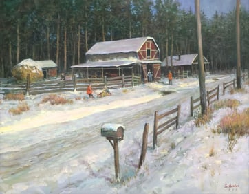 LAJOS MARKOS (1917-1993) PAINTING RED BARN IN WINTER, 22" X 28"