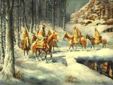AMERICO MAKK (1927-2015) WESTERN PAINTING, 'ENDURANCE' 30" X 40"