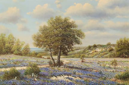 W.R. THRASHER (TEXAS, D.1997) PAINTING, BLUEBONNETS LANDSCAPE, 24" X 36"