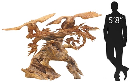 MONUMENTAL CARVED WOOD SCULPTURE, TWO PERCHED EAGLES, 62" X 95"