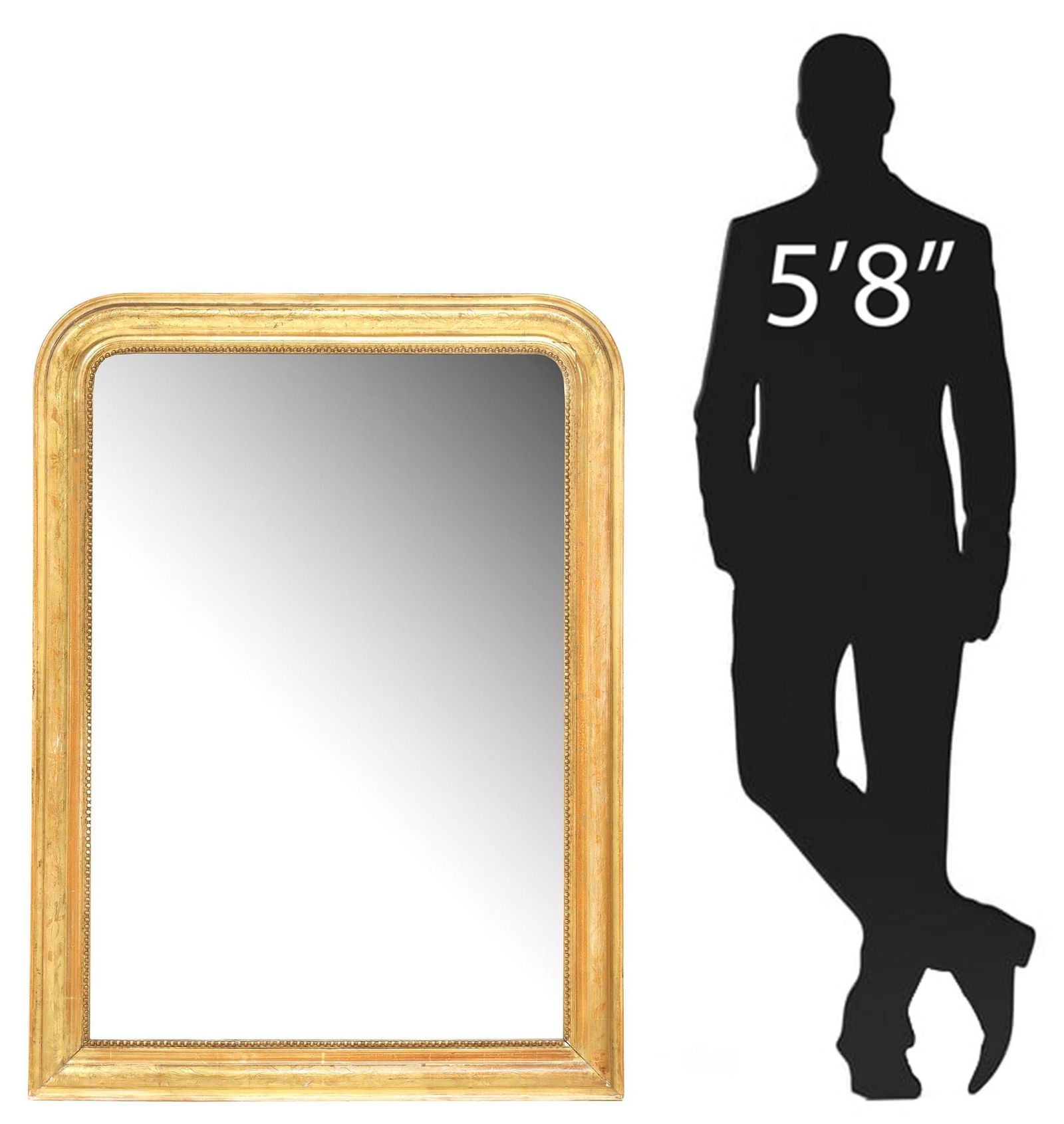 FRENCH LOUIS PHILIPPE PERIOD GILTWOOD MIRROR: French Louis Philippe period giltwood mirror, mid 19th c., having arched frame with beaded trim, encasing flat mirror plate, overall light silver loss to mirror plate, approx 49.75"h, 36"w, 52lbs