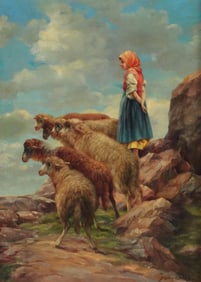 AFTER STEFANO BRUZZI OIL PAINTING YOUNG SHEPHERDESS