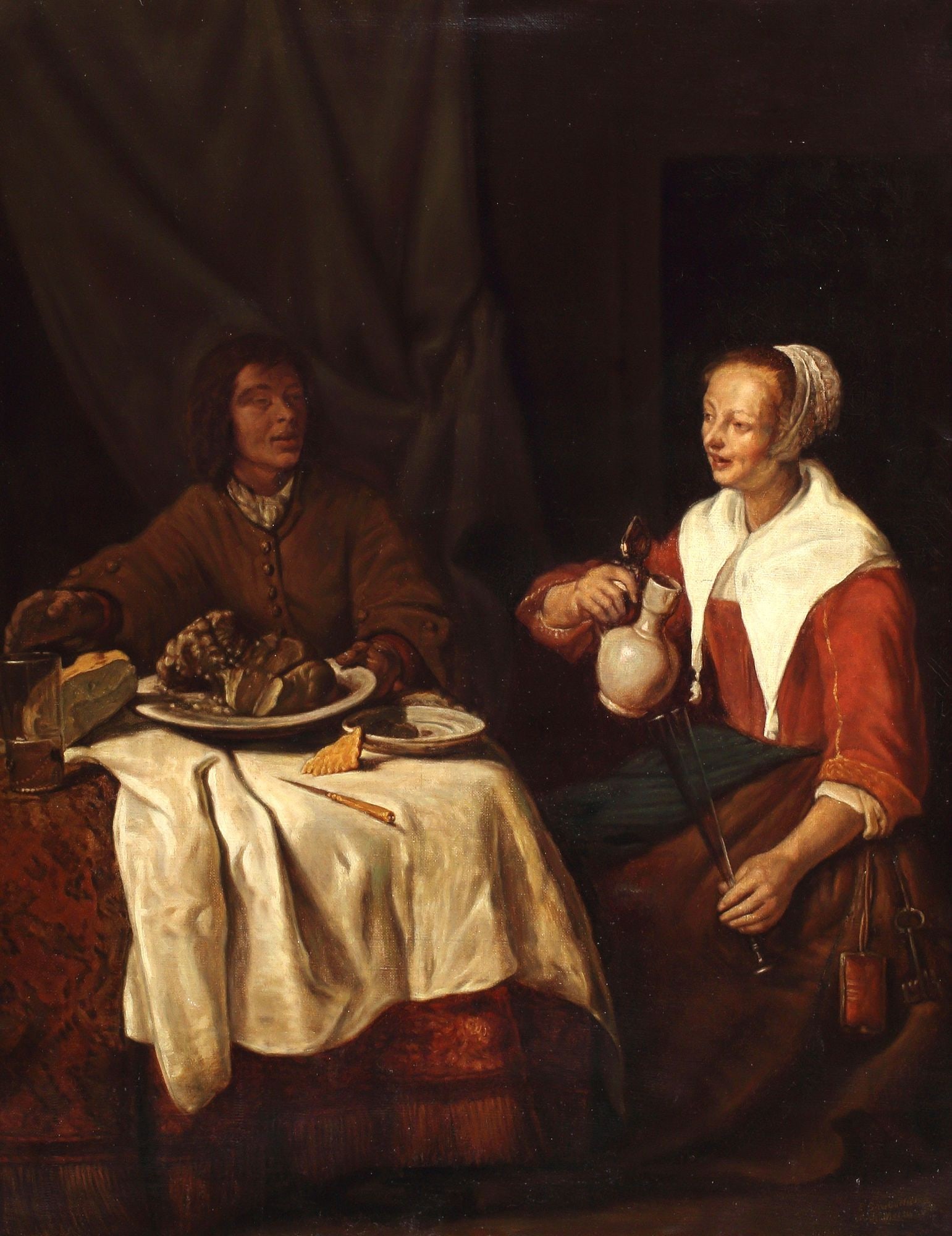 AFTER GABRIEL METSU DUTCH SCHOOL GENRE PAINTING: Framed oil on canvas painting, Man and a woman sharing a meal, signed lower right E. Sauberlich (Erich Sauberlich, German, 19th/ 20th c.), after Gabriel Metsu (Dutch, 1629-1667), sight: approx 26