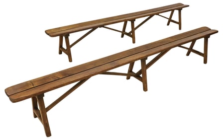 (2) FRENCH PROVINCIAL OAK TRESTLE BENCHES, 112"L
