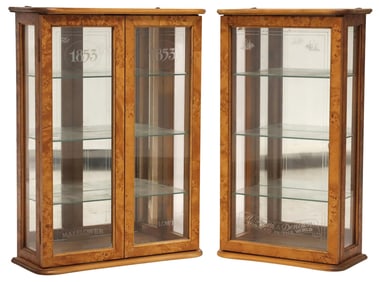 (2) BIRDSEYE MAPLE & ETCHED GLASS WALL-MOUNTED TOBACCO ADVERTISING VITRINES