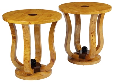 (2) ART DECO STYLE ROUND BURLWOOD SIDE TABLES