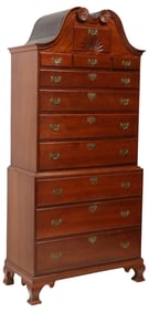 AMERICAN CHIPPENDALE CARVED CHERRYWOOD BONNET-TOP CHEST-ON-CHEST