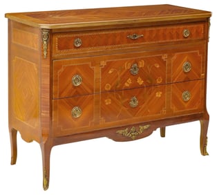 FRENCH TRANSITIONAL STYLE MATCHED VENEER INLAID COMMODE