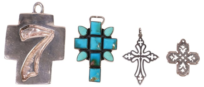 (4) SILVER & TURQUOISE CROSS PENDANTS, JAMES AVERY, DAN DODSON & ROBERT LEE MORRIS