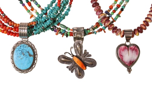 (3) SOUTHWEST BEADED NECKLACES WITH STERLING SILVER PENDANTS