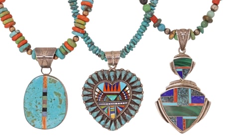 (3) SOUTHWEST STYLE SILVER & MULTI-STONE BEADED PENDANT NECKLACES