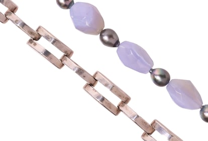 (2) BLACK PEARL & AGATE BEADED NECKLACE & MODERNIST SILVER LINK BRACELET