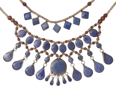 (2) AFGHAN TRIBAL SILVER-TONE METAL & LAPIS LAZULI NECKLACES