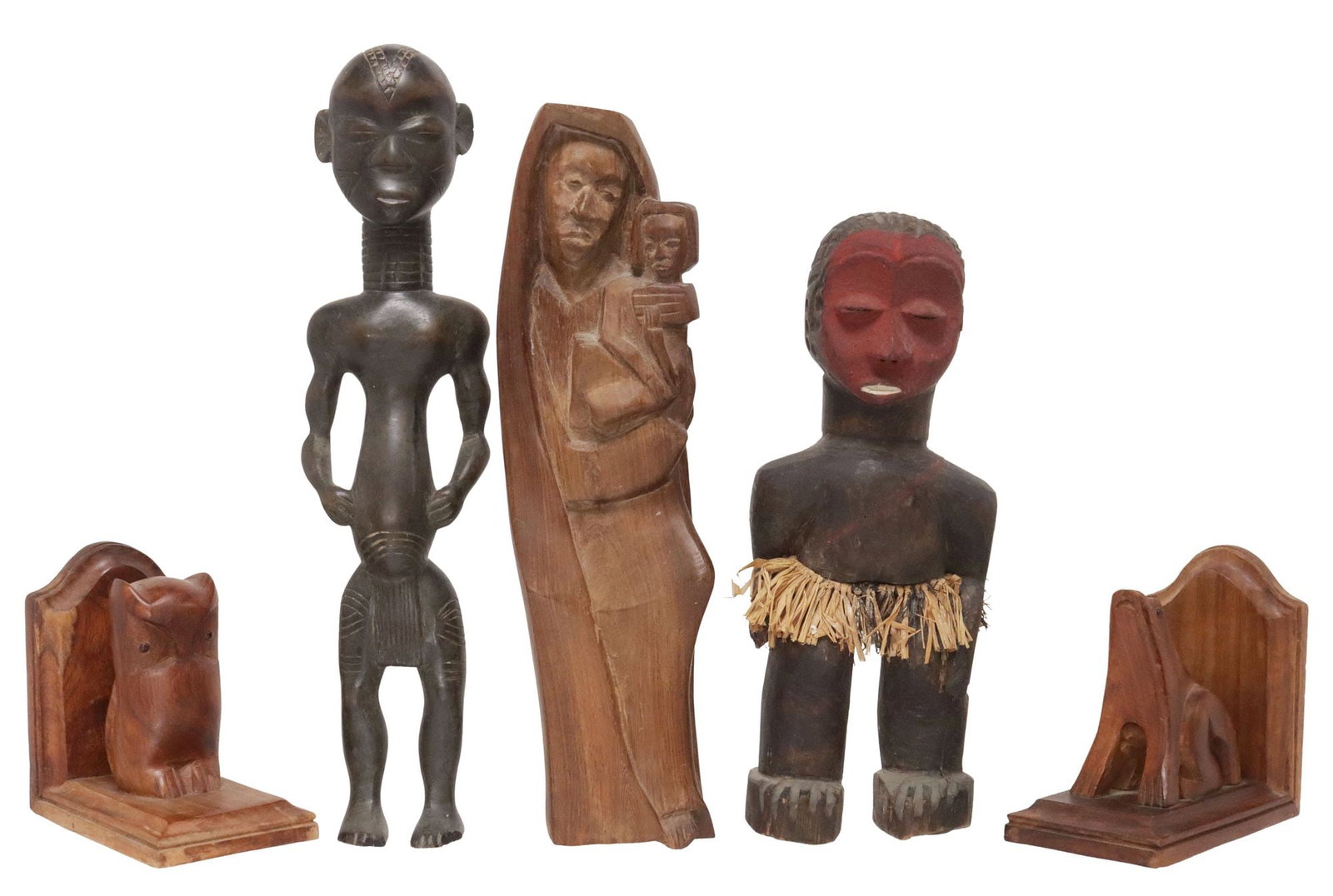 (5) CARVED HARDWOOD AFRICAN FIGURES & ANIMAL-FORM BOOKENDS: (lot of 5) Carved hardwood figures and shelf decor, including: (3) African figures, comprising (one) wearing fiber skirt, (one) mother and child, (one) standing male figure, largest: approx 16.5"