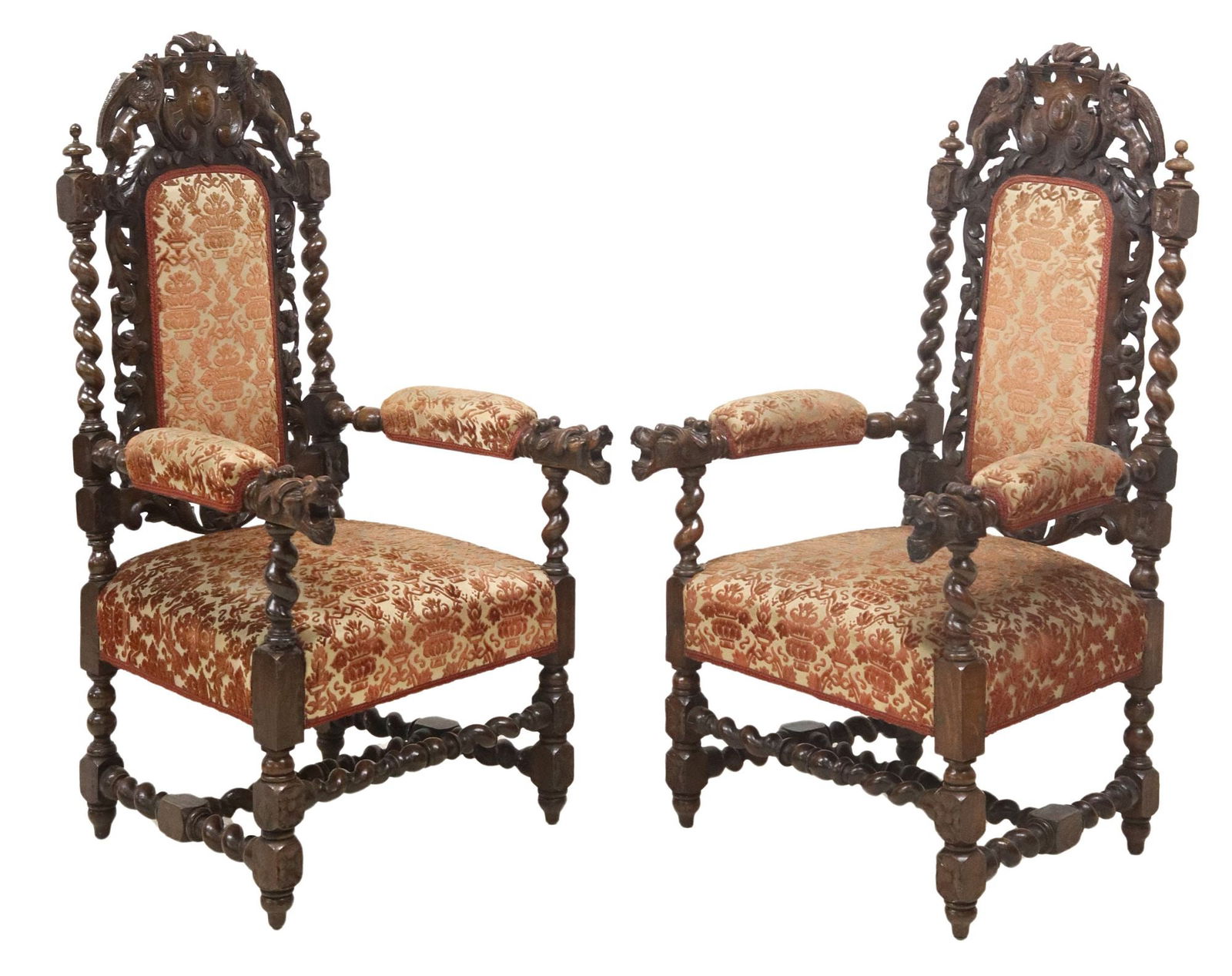 (2) RENAISSANCE REVIVAL CARVED OAK UPHOLSTERED ARMCHAIRS (1 of 5)