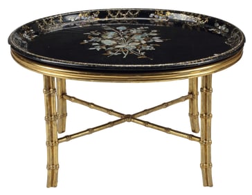 VICTORIAN BLACK LACQUER & MOP-INLAID TRAY-TOP TABLE