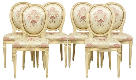(6) FRENCH LOUIS XVI STYLE PAINTED BROCADE DINING CHAIRS