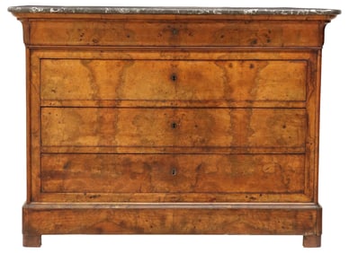 FRENCH LOUIS PHILIPPE MARBLE-TOP BURLWOOD COMMODE