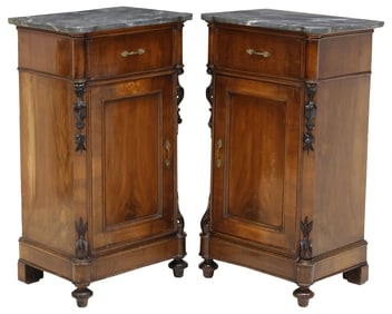 (2) ITALIAN MARBLE-TOP WALNUT BEDSIDE CABINETS