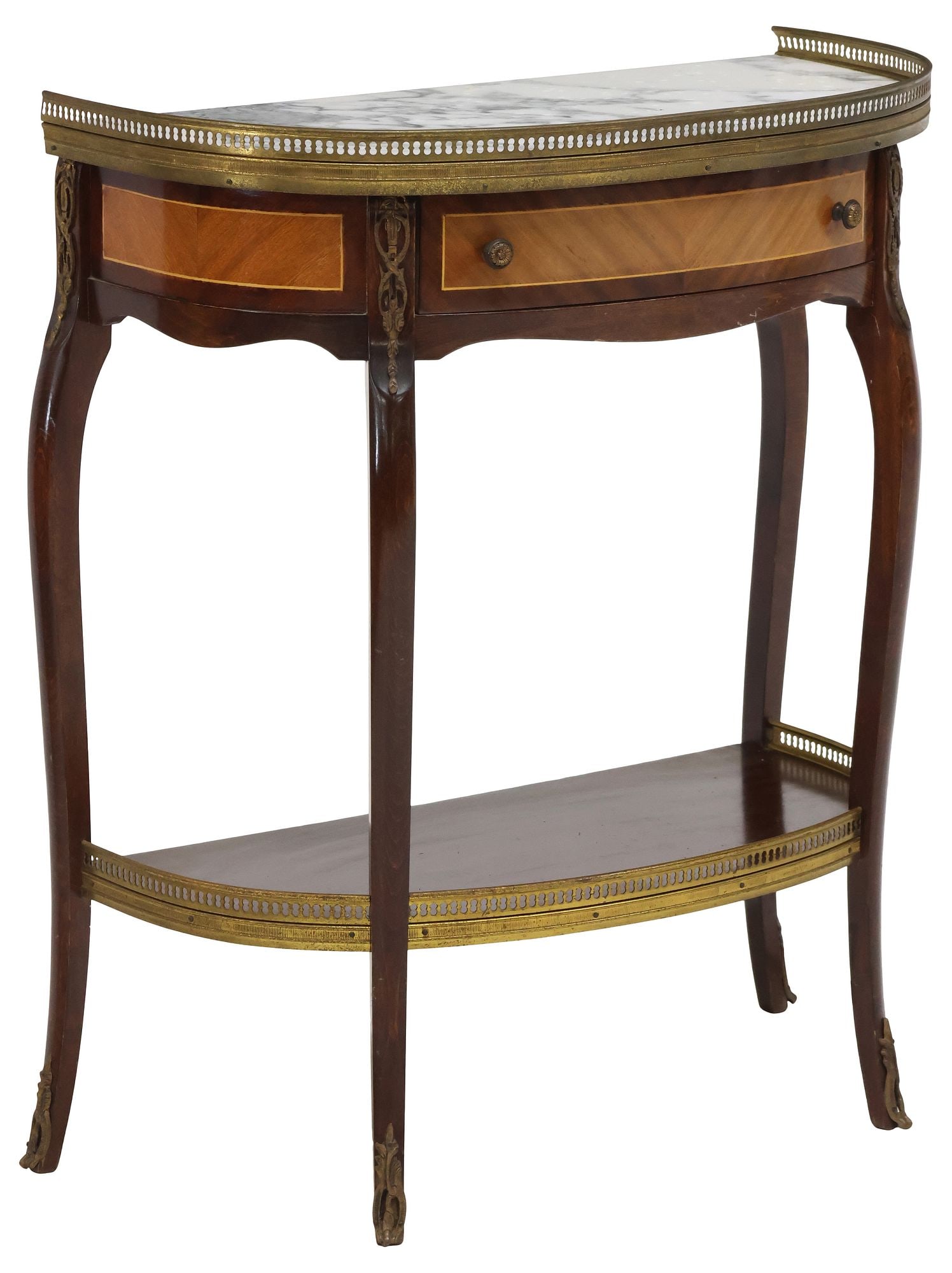 FRENCH LOUIS XV STYLE MAHOGANY DEMILUNE CONSOLE TABLE: French Louis XV style mahogany demilune console table, 20th c., having inset marble top with pierced gilt metal gallery, single drawer, over conforming medial shelf, rising on cabriole legs, ending on