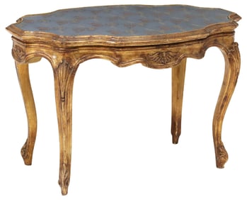 LOUIS XV STYLE GLASS & UPHOLSTERED-TOP GILTWOOD COFFEE TABLE