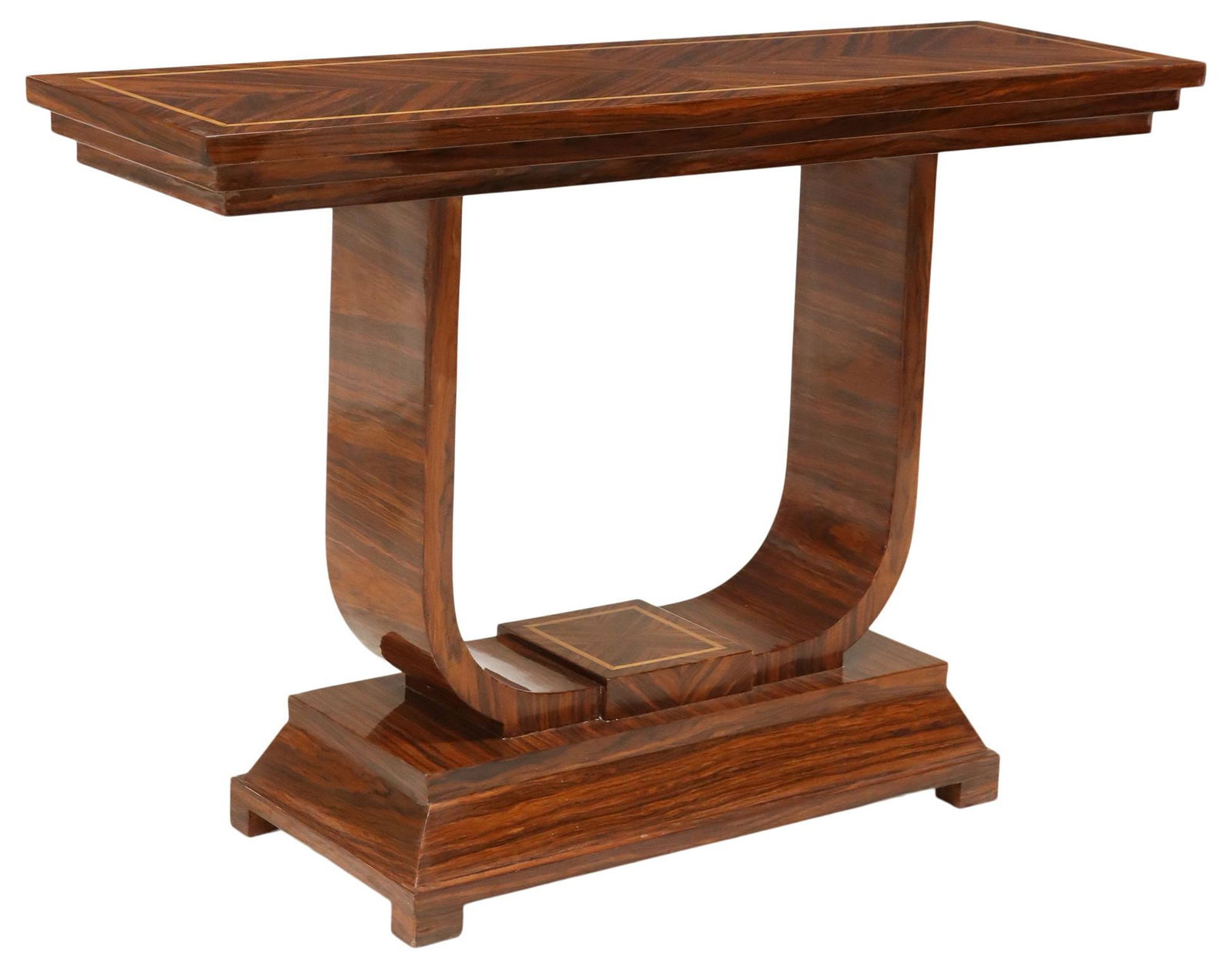 ART DECO STYLE INLAID CONSOLE TABLE: Art Deco style console table, likely Macassar ebony or rosewood veneers, with inlaid banding, stepped rectangular top, on a sculptural u-shaped support, approx 34"h, 51"w, 16"d