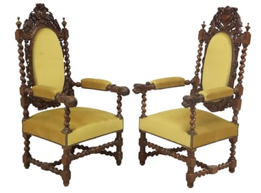 (2) FRENCH HENRI II STYLE CARVED & UPHOLSTERED ARMCHAIRS