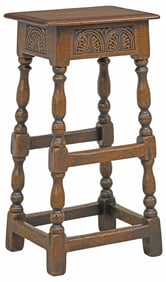 ENGLISH CARVED OAK TURNED-LEG STOOL