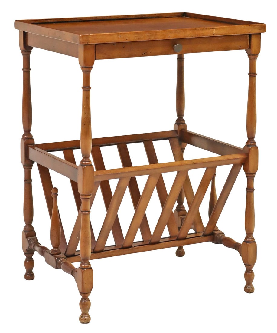 FRENCH FRUITWOOD MAGAZINE STAND: French fruitwood magazine stand, 20th c., galleried top, pull-out writing slide, above angled slatted partitions, on turned supports, approx 24.5"h, 18"w, 14.25"d
