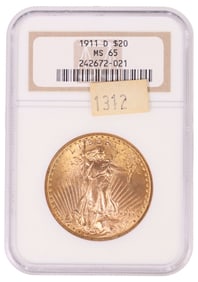 U.S. 1911-D GOLD ST. GAUDENS $20 DOLLAR COIN, NGC MS-65