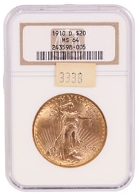 U.S. 1910-D GOLD ST. GAUDENS $20 DOLLAR COIN, NGC MS-64